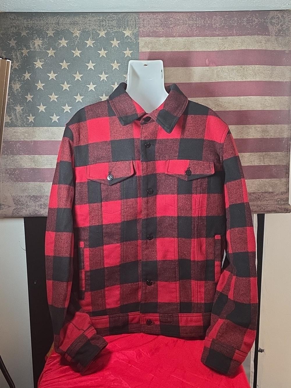 AMERICAN RAG Cie Men's Plaid Wool Trucker Jacket Red/Black Check Flannel Lined